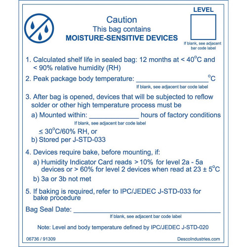 Desco Europe 06736 LABEL, MOISTURE BARRIER BAG, IPC/JEDEC J-STD 020, ROLL 100 Desco Europe 06736 LABEL, MOISTURE BARRIER BAG, IPC/JEDEC J-STD 020, ROLL 100