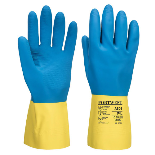 Portwest A801 ​​Double Dipped Latex Glove, Yellow/Blue