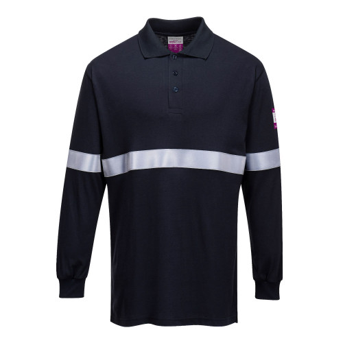 Portwest FR03 Flame Resistant, Anti-Static, Long Sleeve Polo Shirt with Reflective Stripe, Navy Blue
