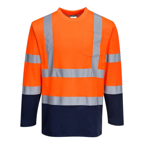 Portwest S280 Two-Tone Cotton Comfort Long Sleeve Hi-Vis T-Shirt, Orange/Navy Blue