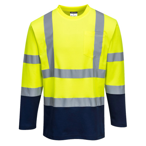 Portwest S280 Two-Tone Cotton Comfort Long Sleeve Hi-Vis T-Shirt, Yellow/Navy Blue