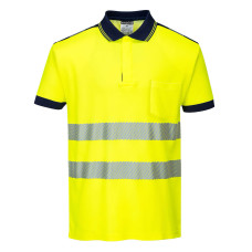 Portwest T180 PW3 Hi-Vis Short Sleeve Polo Shirt, Yellow/Navy Blue