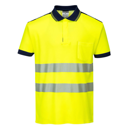 Portwest T180 PW3 Hi-Vis Short Sleeve Polo Shirt, Yellow/Navy Blue