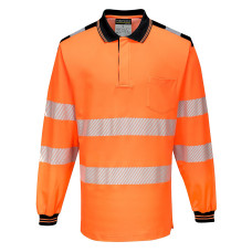 Portwest T184 PW3 Hi-Vis Long Sleeve Polo Shirt, Orange/Black