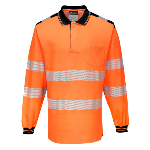 Portwest T184 PW3 Hi-Vis Long Sleeve Polo Shirt, Orange/Black
