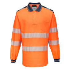 Portwest T184 PW3 Hi-Vis Long Sleeve Polo Shirt, Orange/Navy