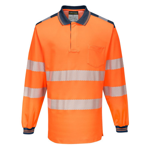 Portwest T184 PW3 Hi-Vis Long Sleeve Polo Shirt, Orange/Navy