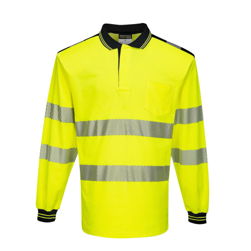 Portwest T184 PW3 Hi-Vis Long Sleeve Polo Shirt, Yellow/Black Portwest T184 PW3 Hi-Vis Long Sleeve Polo Shirt, Yellow/Black