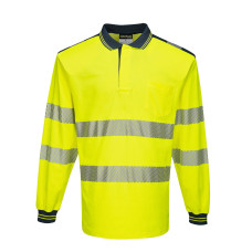Portwest T184 PW3 Hi-Vis Long Sleeve Polo Shirt, Yellow/Navy Blue