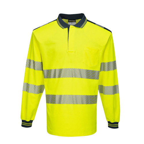 Portwest T184 PW3 Hi-Vis Long Sleeve Polo Shirt, Yellow/Navy Blue
