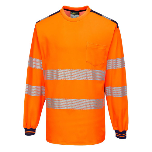 Portwest T185 PW3 Hi-Vis Long Sleeve T-Shirt, Orange/Navy Blue