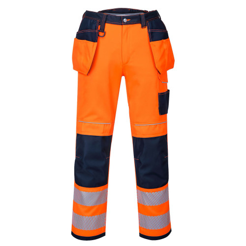 Portwest T501 PW3 Hi-Vis Trousers with Holster Pockets, Orange/Navy Blue