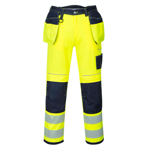 Portwest T501 PW3 Hi-Vis Trousers with Holster Pockets, Yellow/Navy Blue